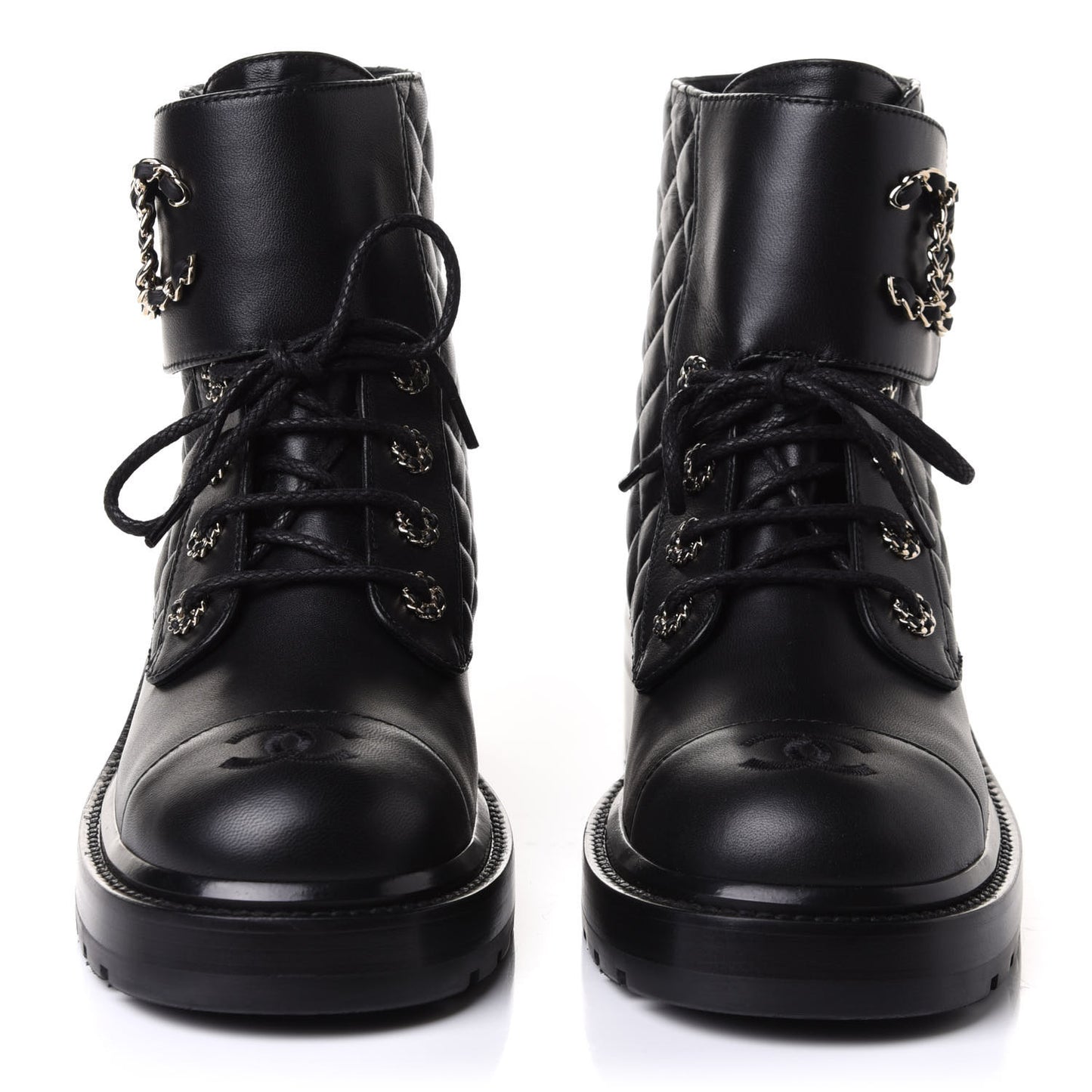 Shiny Lambskin Quilted Lace Up Combat Boots 39.5 Black