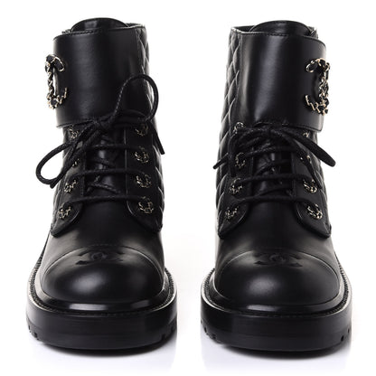 Chanel Shiny Lambskin Quilted Lace Up Combat Boots 39.5 Black 2 of 11