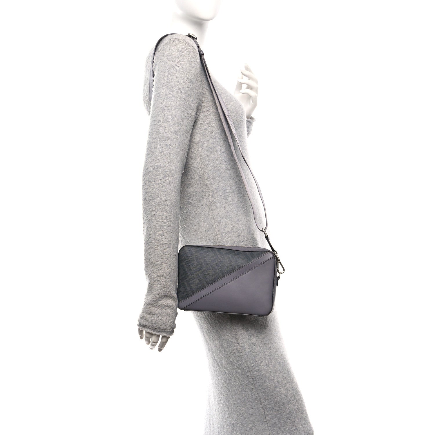 Fendi Glazed Fabric Vitello Liberty FF 1974 Diagonal Medium Camera Case Grey 2 of 10