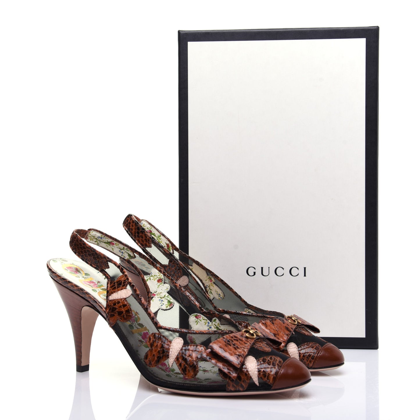 Malaga Kid Elaphe Lizard Butterflies Mid-Heel Slingback Pumps 37.5 Bright Cuir Black Soft Pink