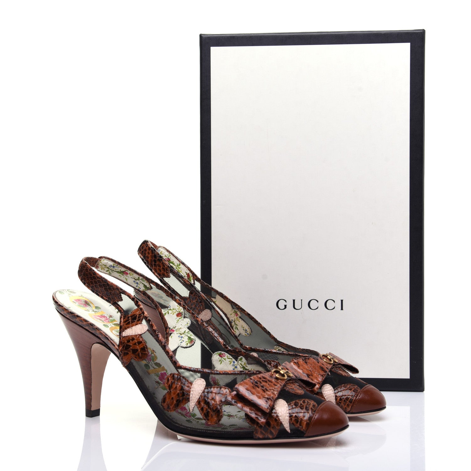 Gucci Malaga Kid Elaphe Lizard Butterflies Mid-Heel Slingback Pumps 37.5 Bright Cuir Black Soft Pink 13 of 13