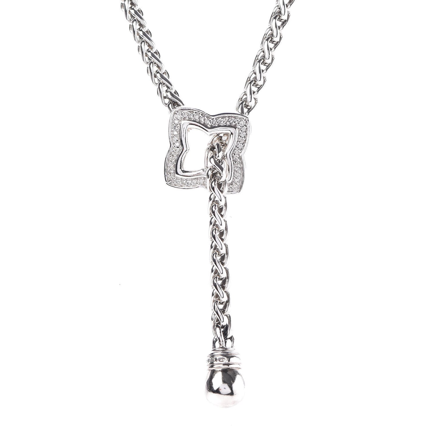 Sterling Silver Diamond Quatrefoil Lariat Wheat Chain Necklace