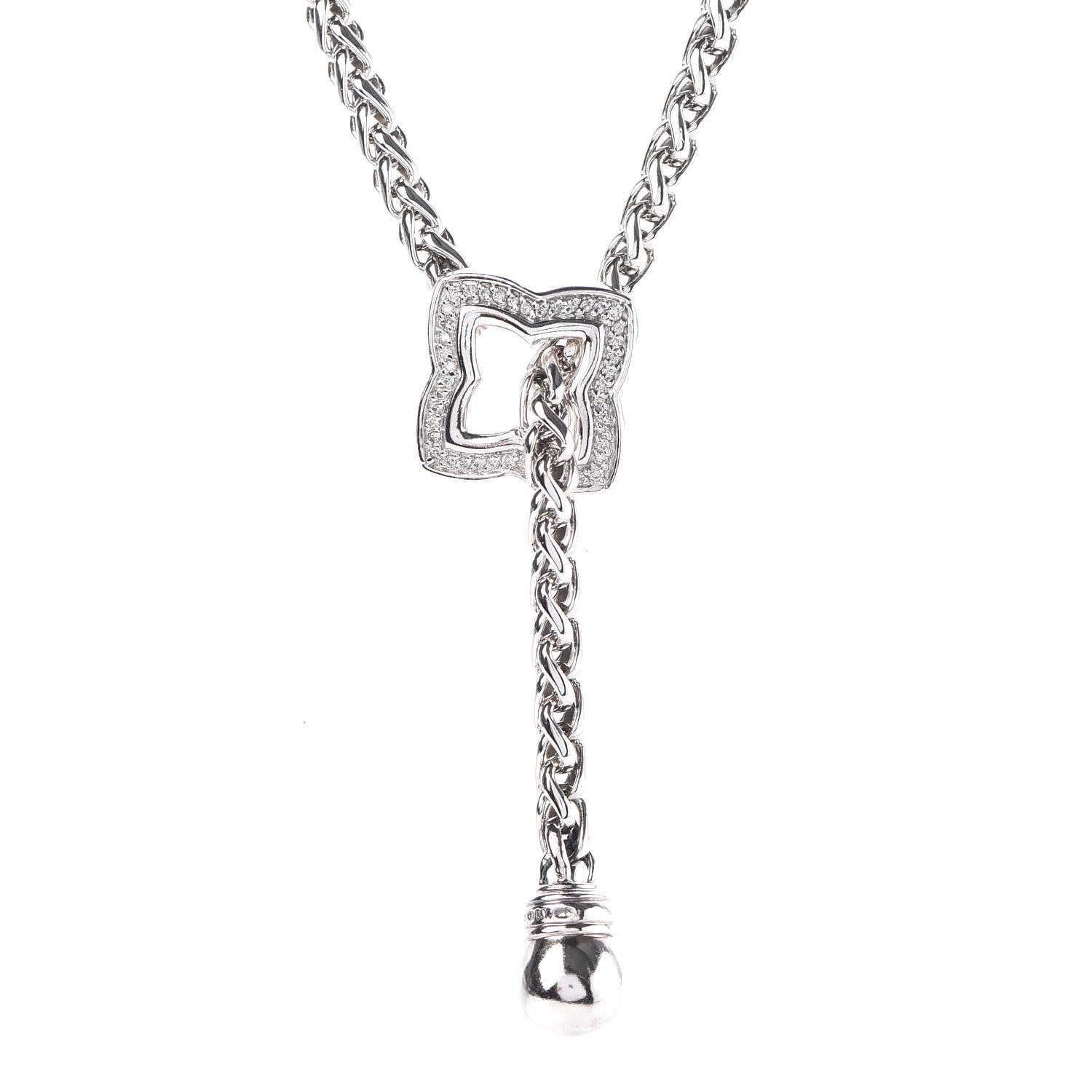 David Yurman Sterling Silver Diamond Quatrefoil Lariat Wheat Chain Necklace 4 of 7