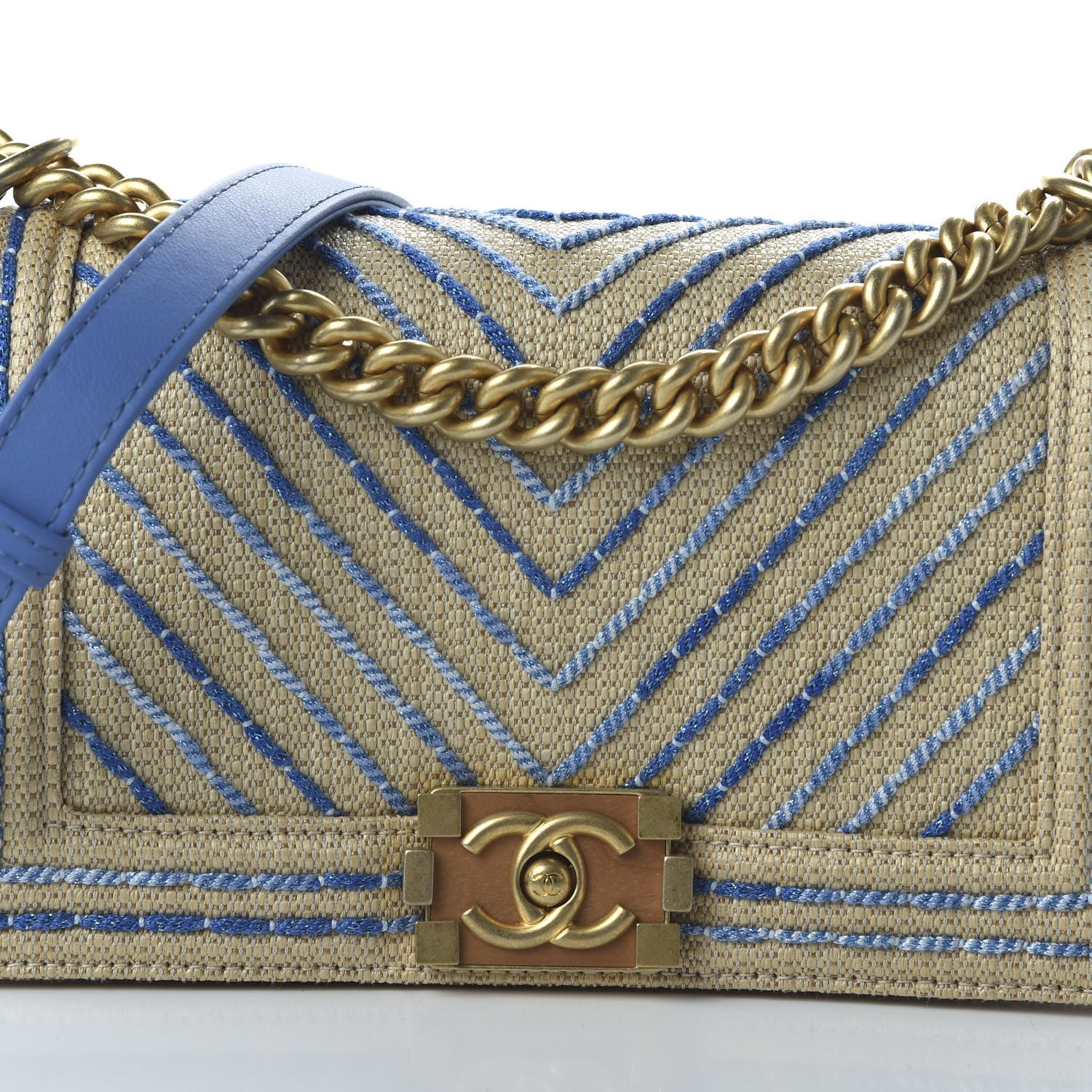 Chanel Cotton Canvas Calfskin Chevron Embroidered Medium Boy Flap Beige Blue 10 of 10
