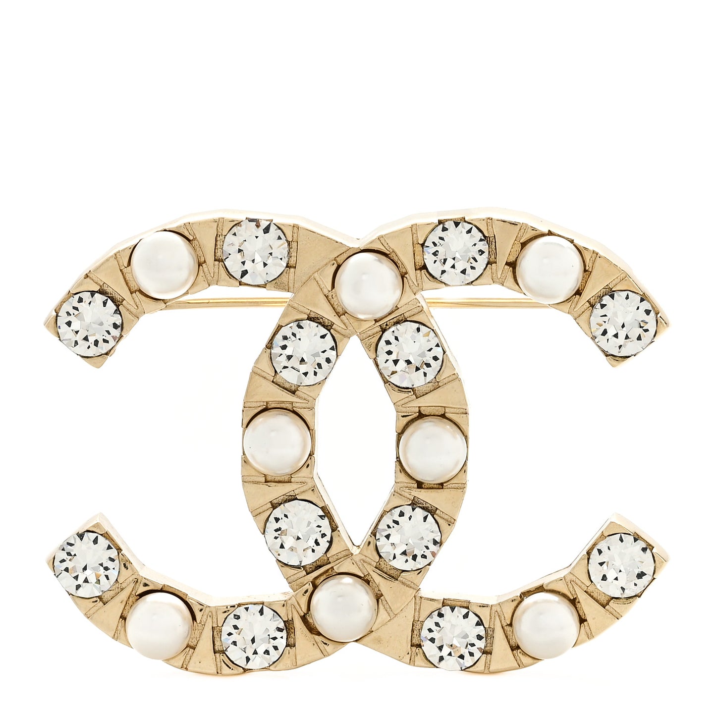 Pearl Crystal CC Brooch Gold