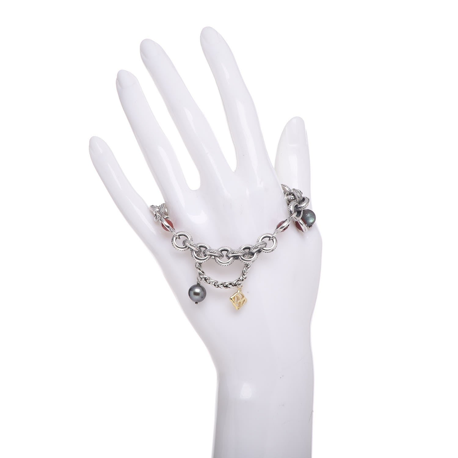 David Yurman Sterling Silver 18K Yellow Gold Carnelian Garnet Pearl Labradorite Old World Charm Bracelet 2 of 5