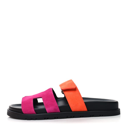 Hermes Suede Goatskin Womens Chypre Sandals 37 Rose Chapas Orange Synthetique 1 of 9