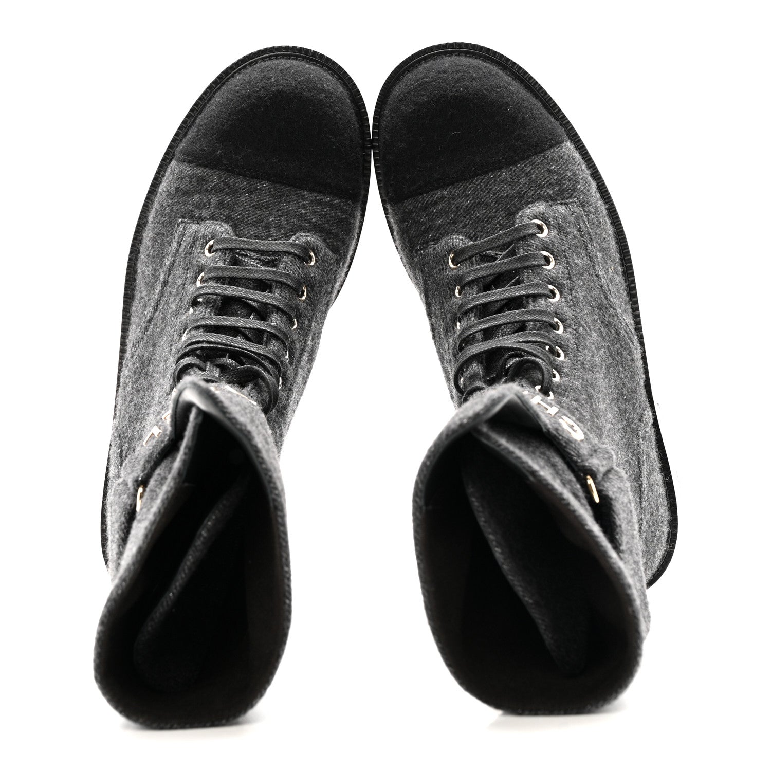 Chanel Tweed Lace Up Combat Boots 37.5 Dark Grey Black 4 of 26