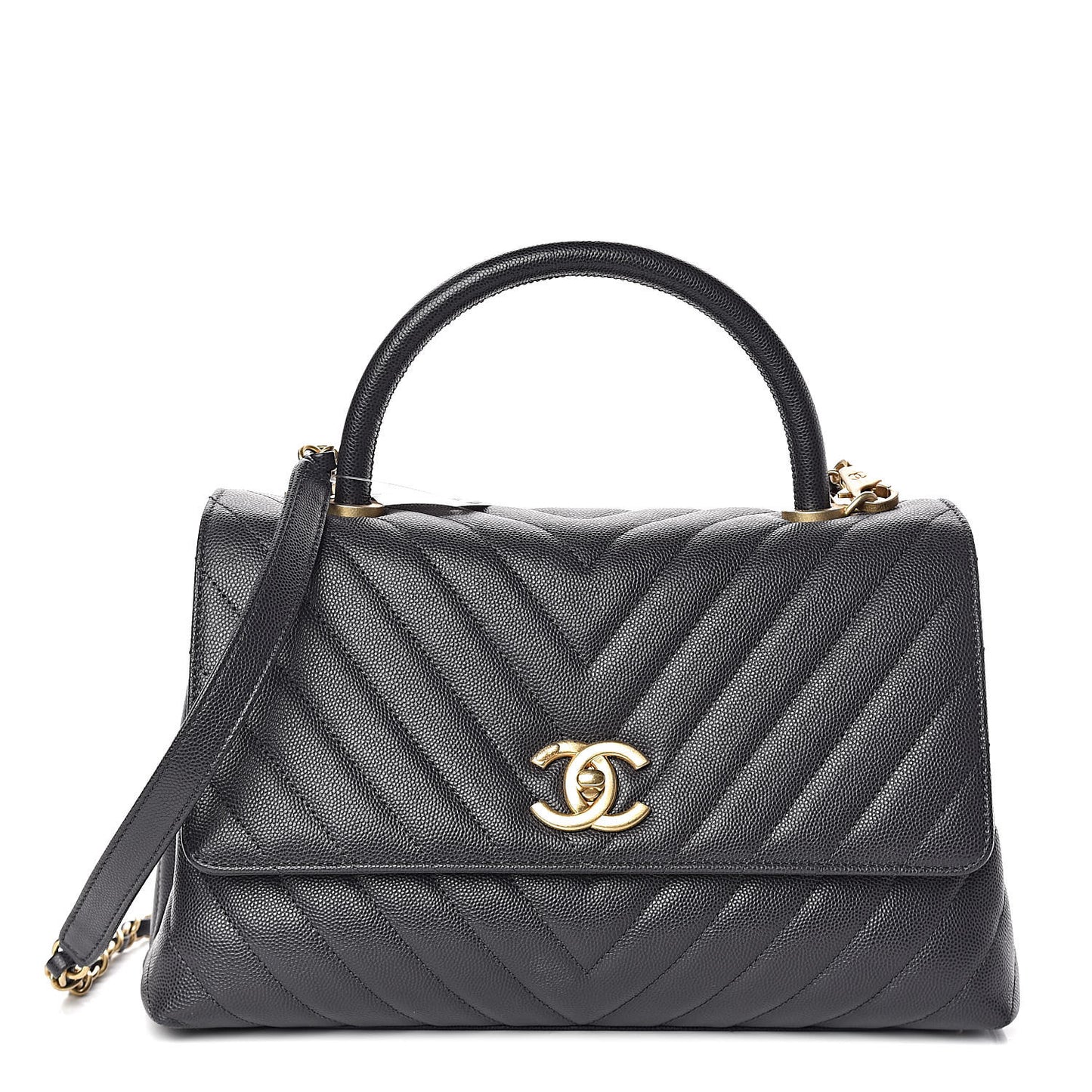 Caviar Chevron Quilted Small Coco Handle Flap Black