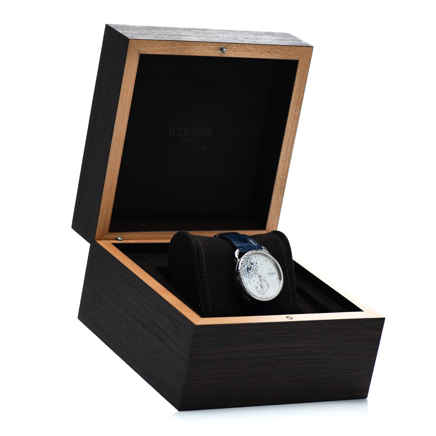 Stainless Steel Alligator Diamond Blue Sapphire Mother of Pearl 38mm Arceau Petite Lune Automatic Watch Bleu Saphir