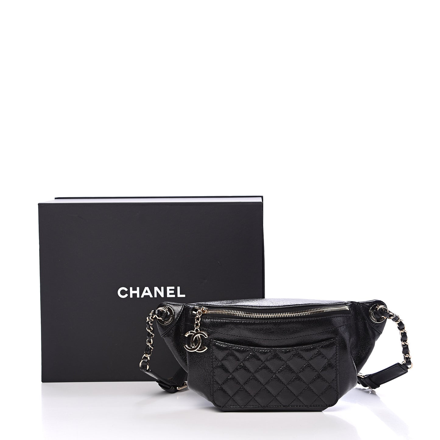 Crumpled Glazed Lambskin Quilted Waist Bag Fanny Pack Black