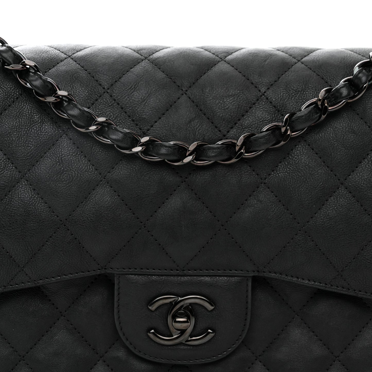 Crumpled Calfskin Quilted Jumbo Double Flap So Black