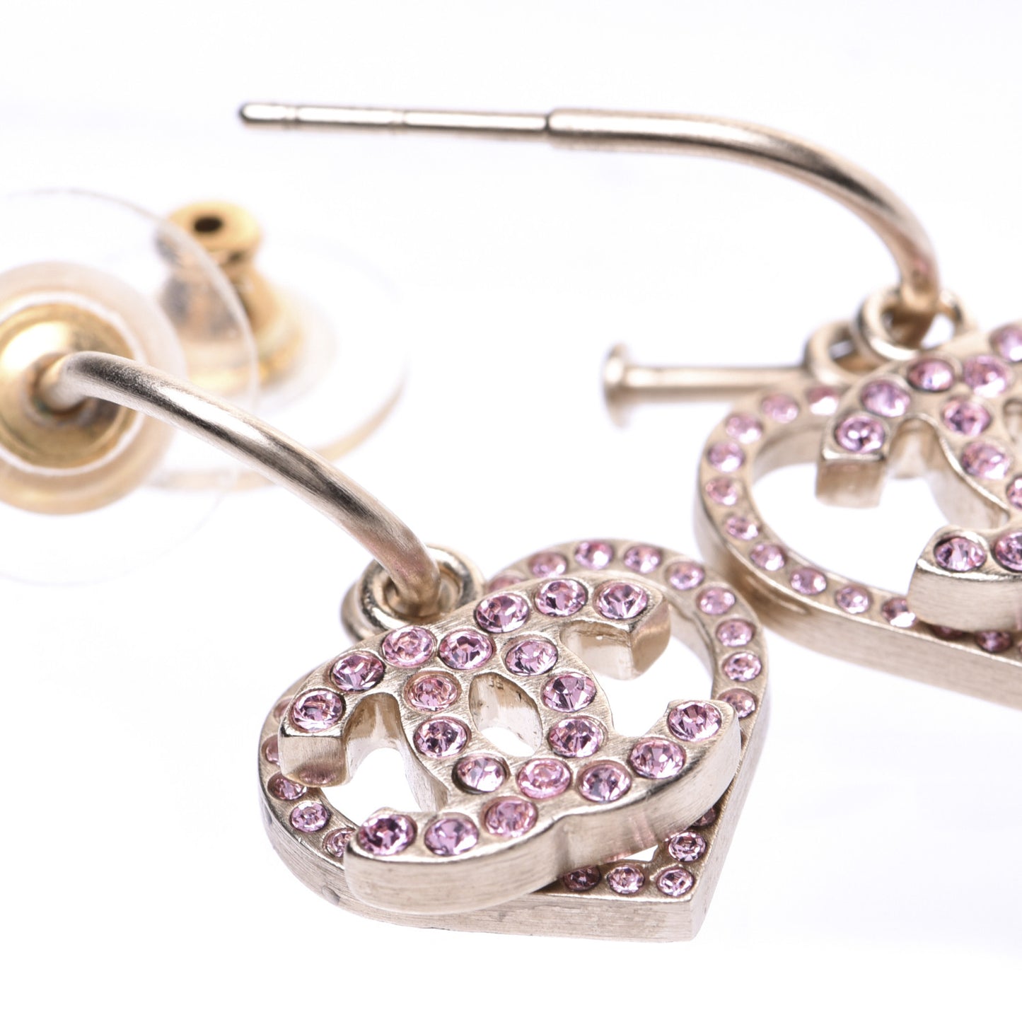 Metal Crystal Heart CC Drop Earrings Gold
