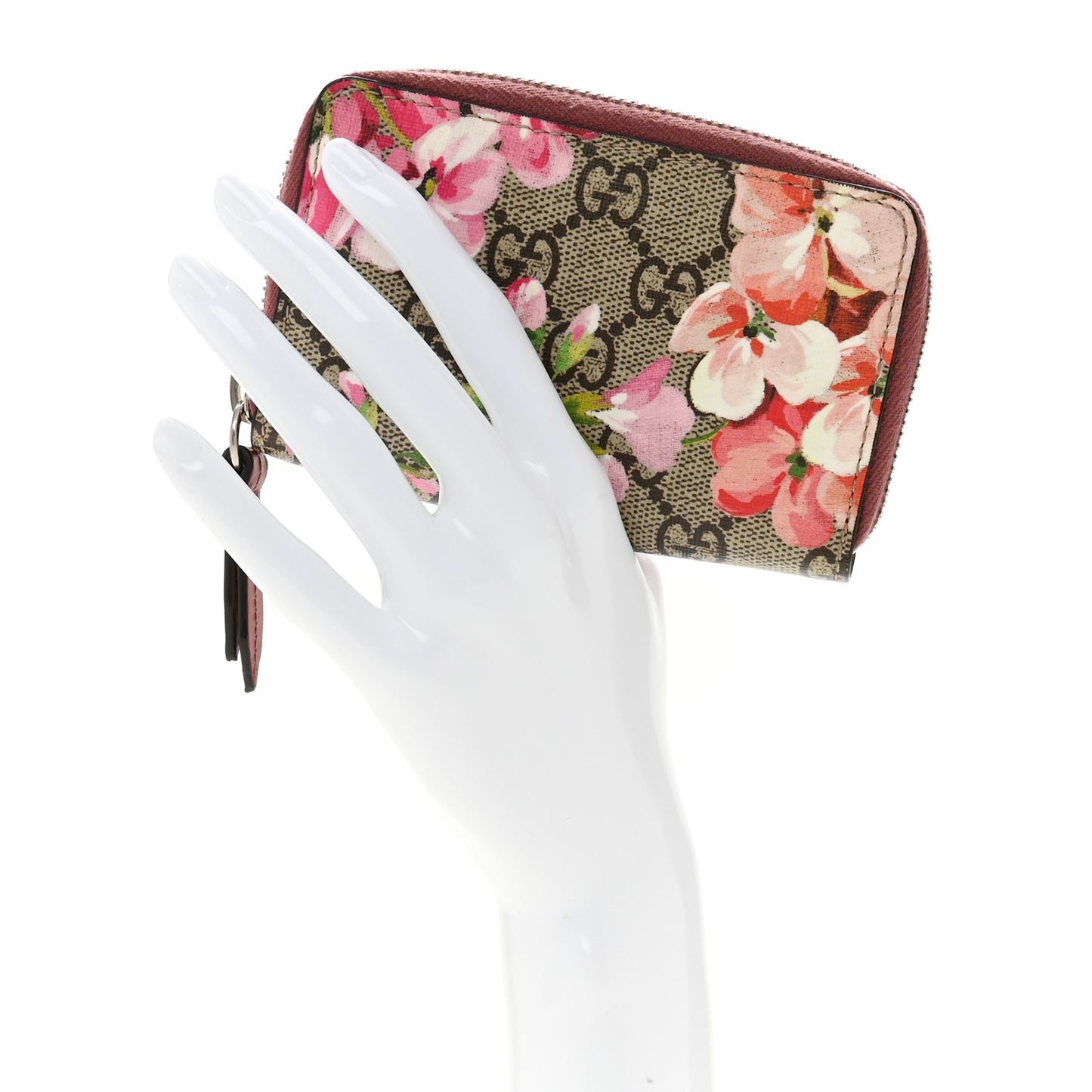 GG Supreme Monogram Blooms Zip Around Card Case Wallet Beige Multicolor Dry Rose