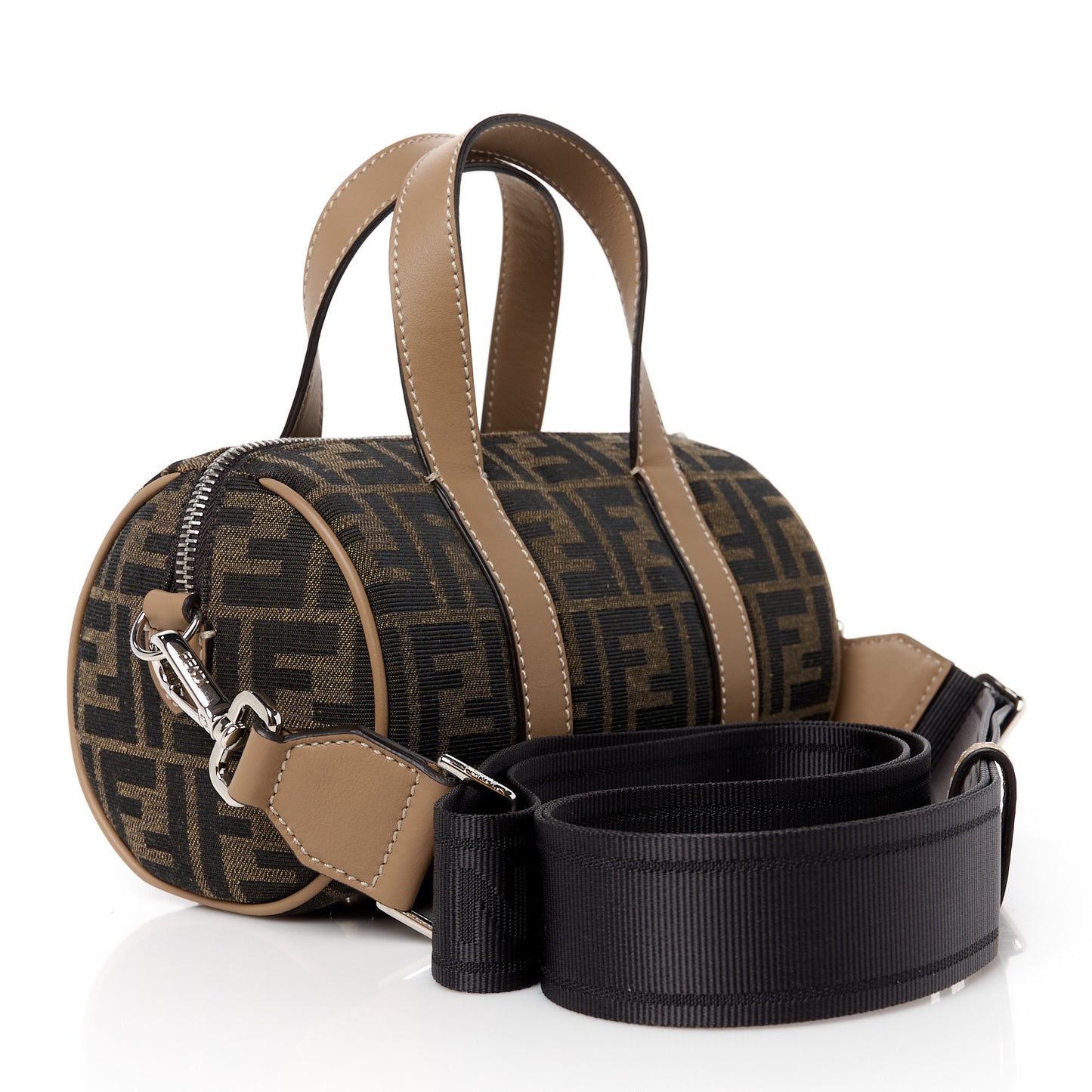 Recycled Fabric Jacquard Vitello Grace FF 1974 Mini O'Lock Bowling Bag Tobacco Moro Sand