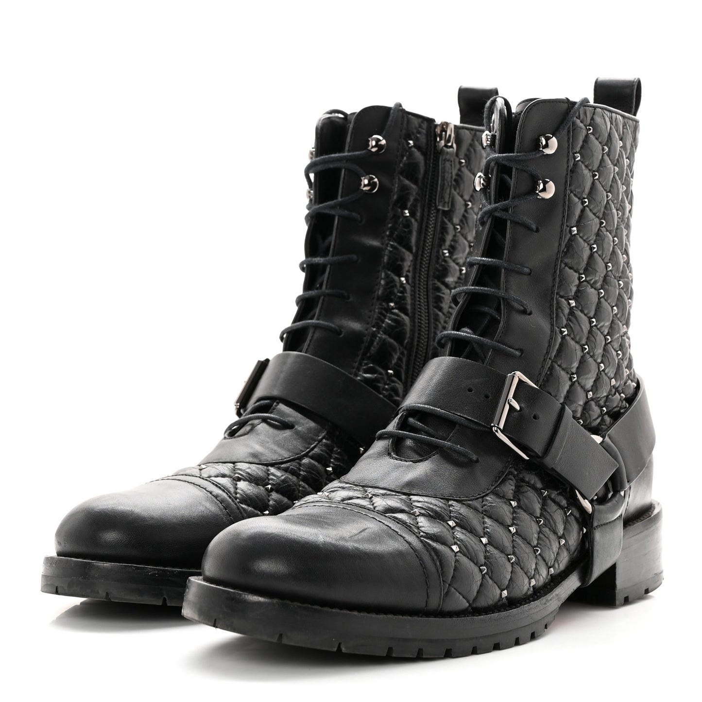 Crackled Lambskin Rockstud Spike 20mm Combat Boots 40 Black