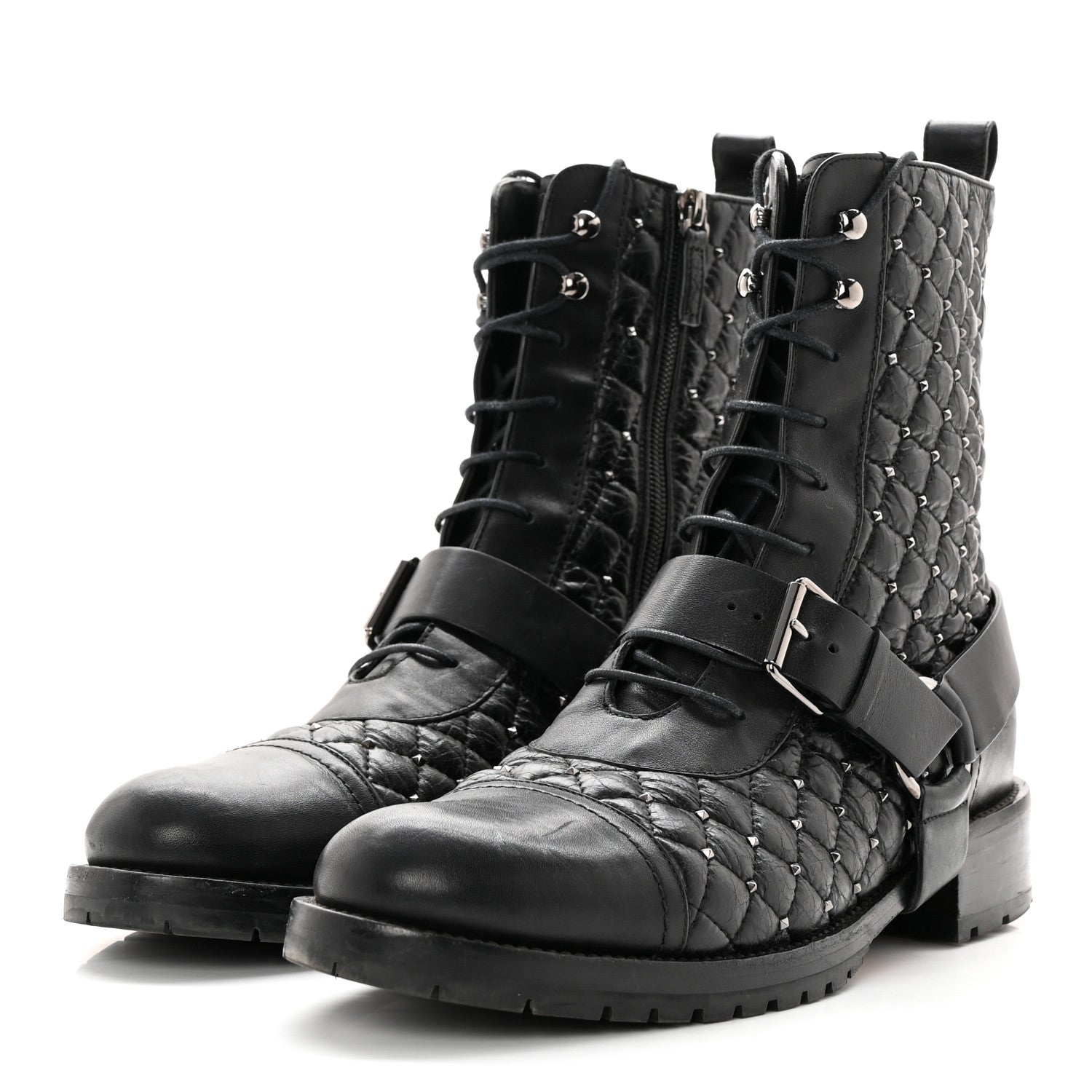 Valentino Garavani Crackled Lambskin Rockstud Spike 20mm Combat Boots 40 Black 3 of 17