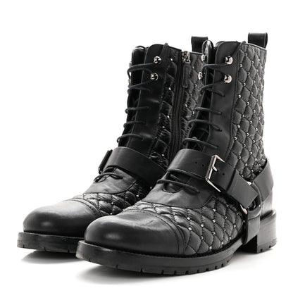 Valentino Garavani Crackled Lambskin Rockstud Spike 20mm Combat Boots 40 Black 3 of 17
