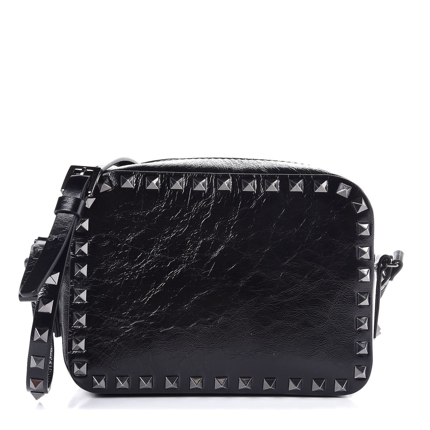 Craquele Calfskin Rockstud Camera Crossbody Bag Black