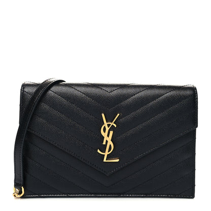 Saint Laurent Grain De Poudre Matelasse Chevron Monogram Envelope Chain Wallet Black 1 of 10