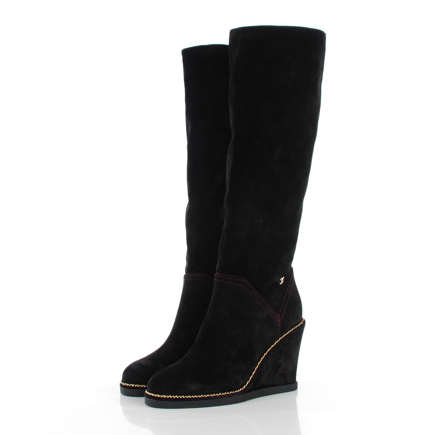 Suede Calfskin Chain Around High Boots 37 Black