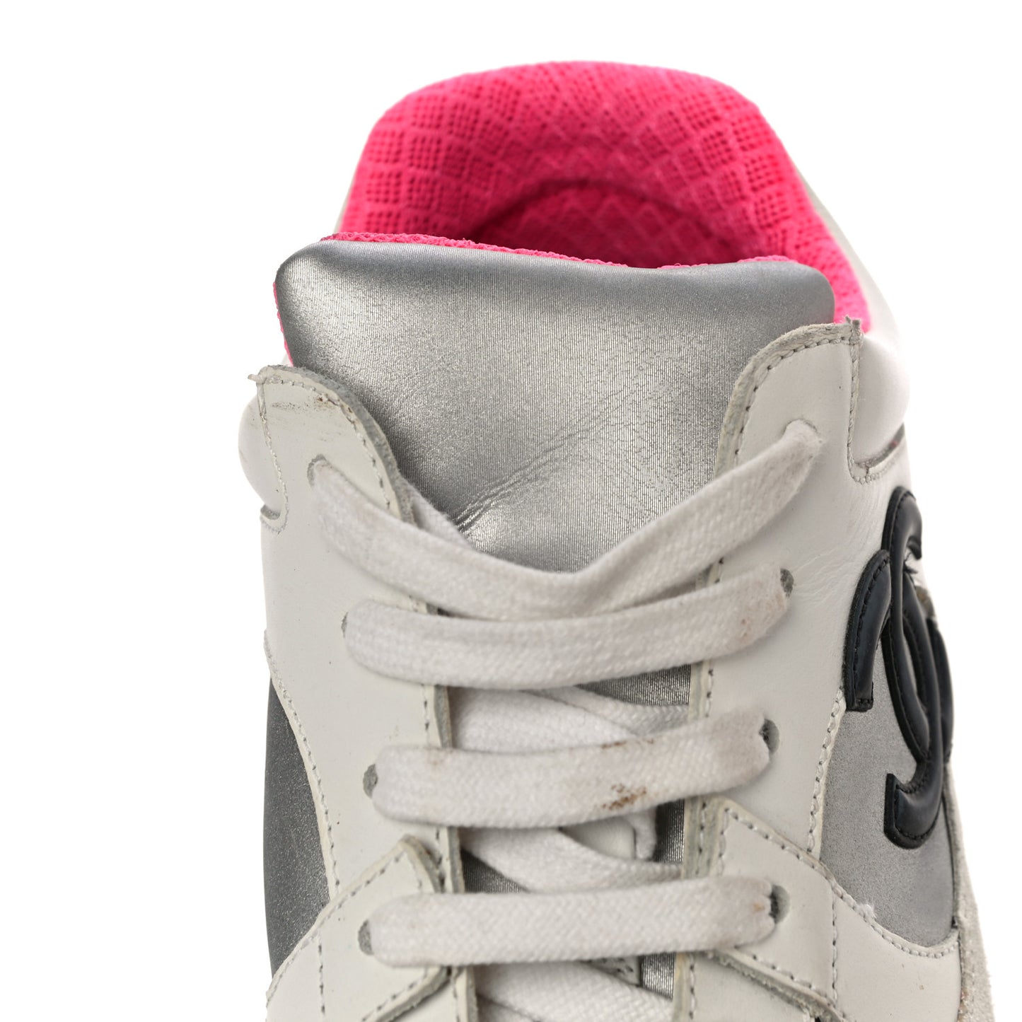 Calfskin Fabric Sneakers 37.5 White Silver Fluo Pink