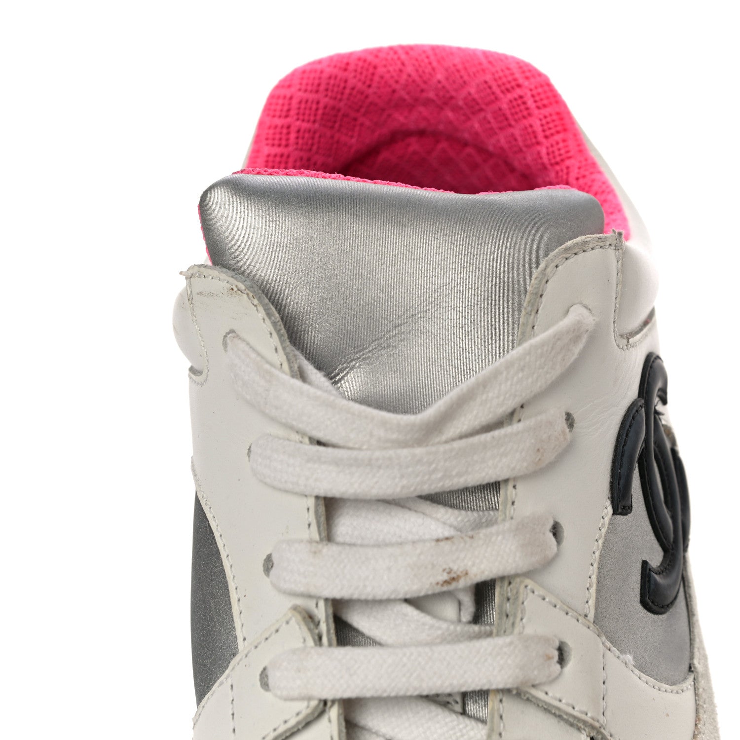 Chanel Calfskin Fabric Sneakers 37.5 White Silver Fluo Pink 14 of 18