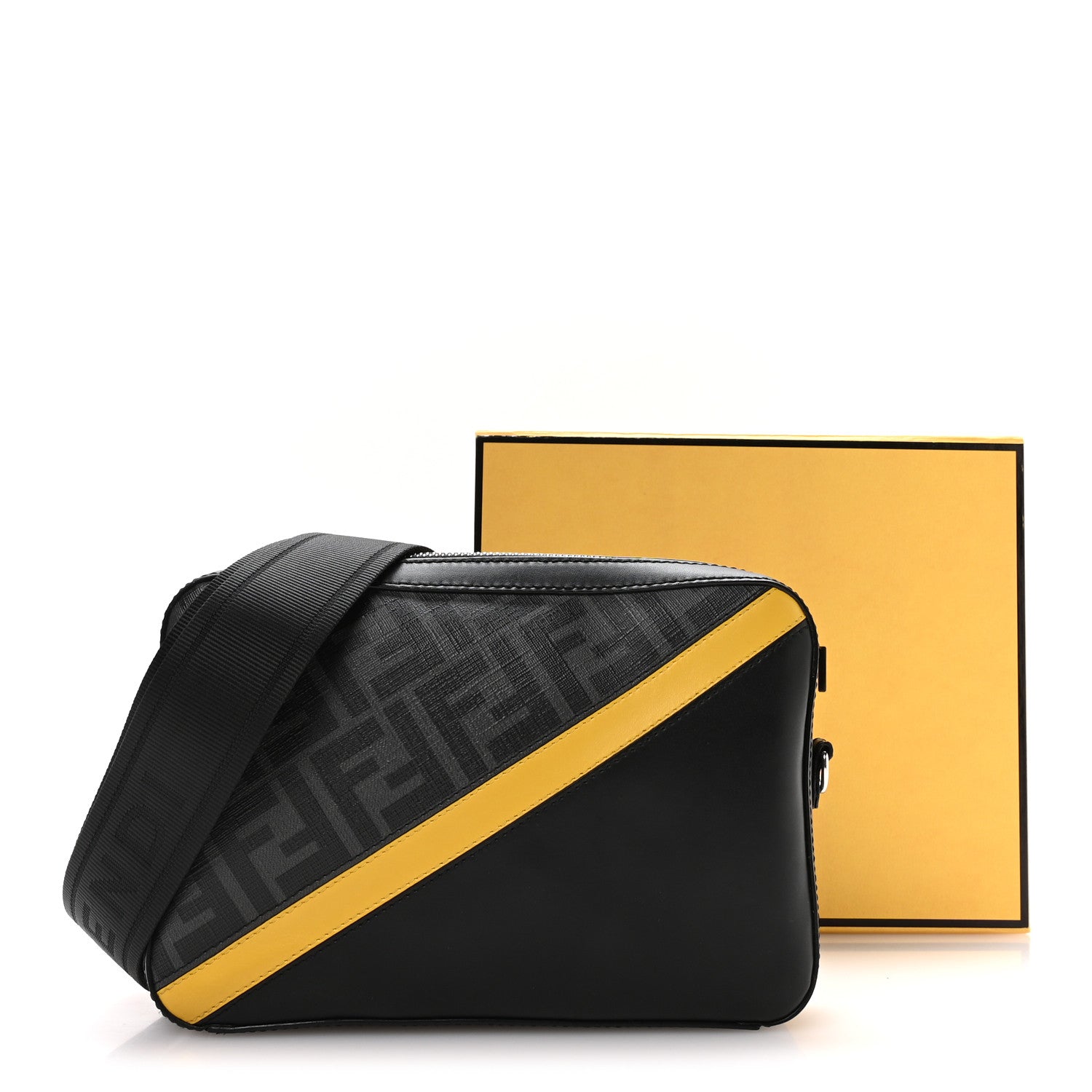 Fendi Glazed Fabric Vitello Liberty FF 1974 Diagonal Medium Camera Case Black Sunflower 11 of 11