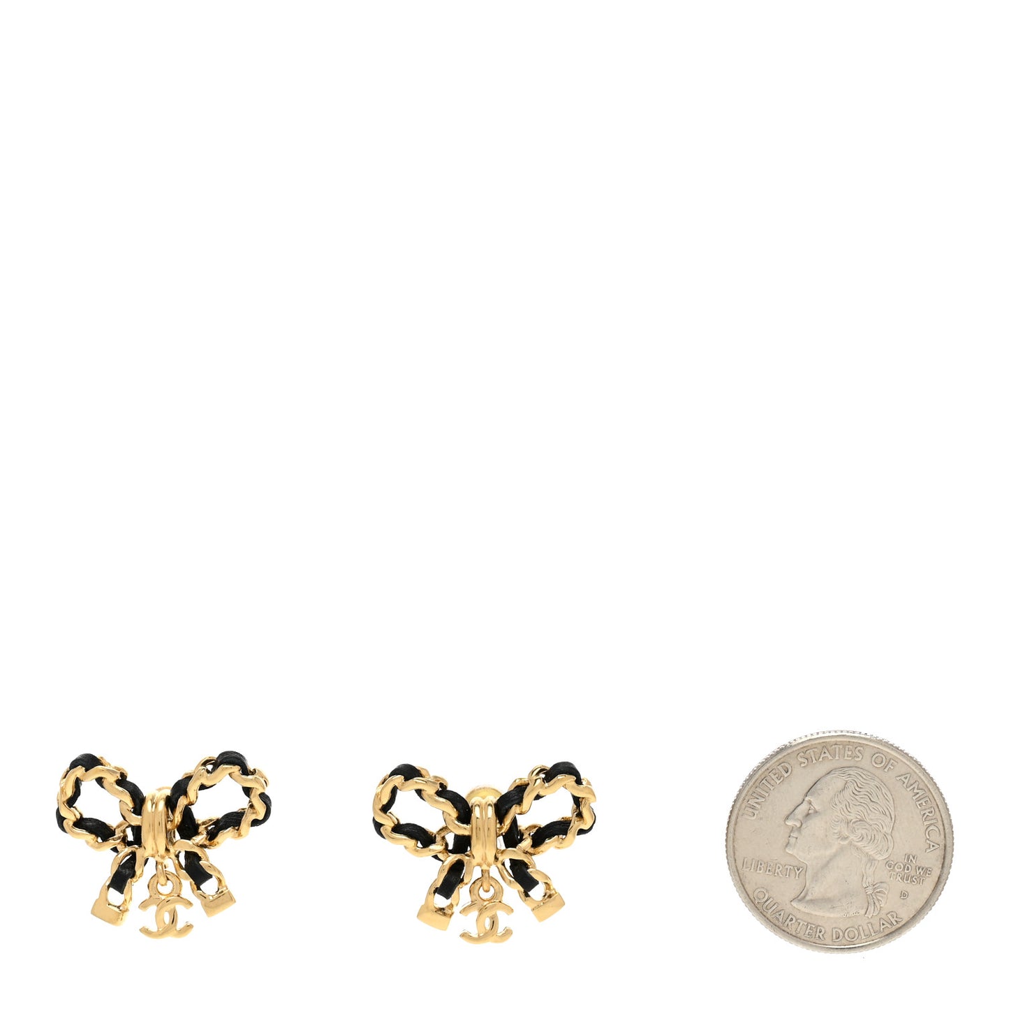 Lambskin Chain Bow Stud Earrings Black Gold