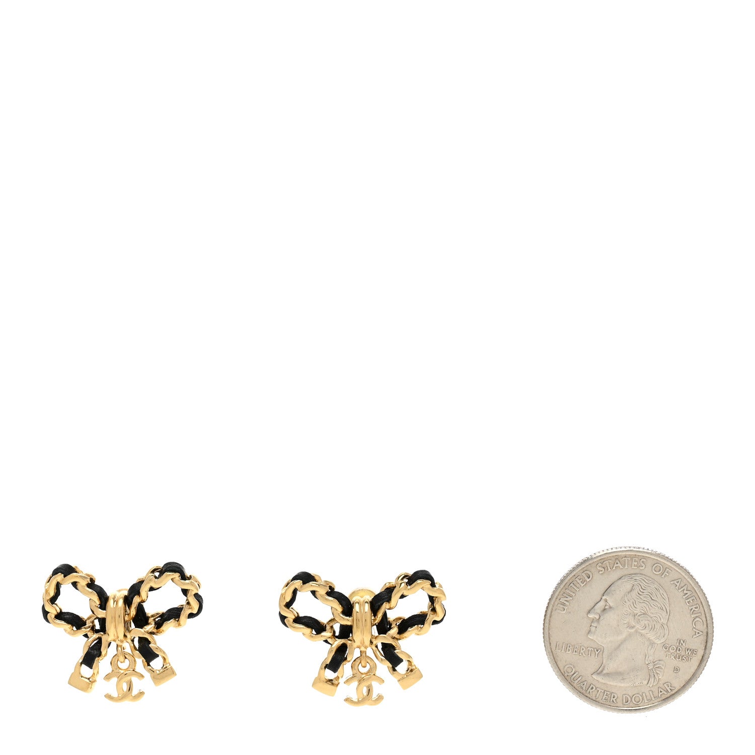 Chanel Lambskin Chain Bow Stud Earrings Black Gold 2 of 5
