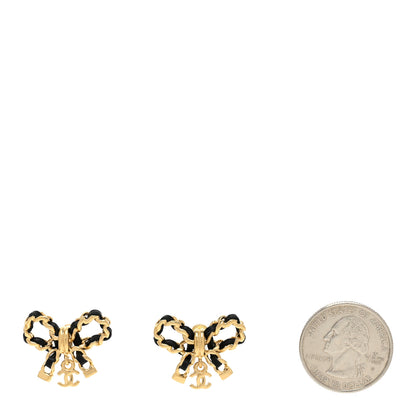 Chanel Lambskin Chain Bow Stud Earrings Black Gold 2 of 5
