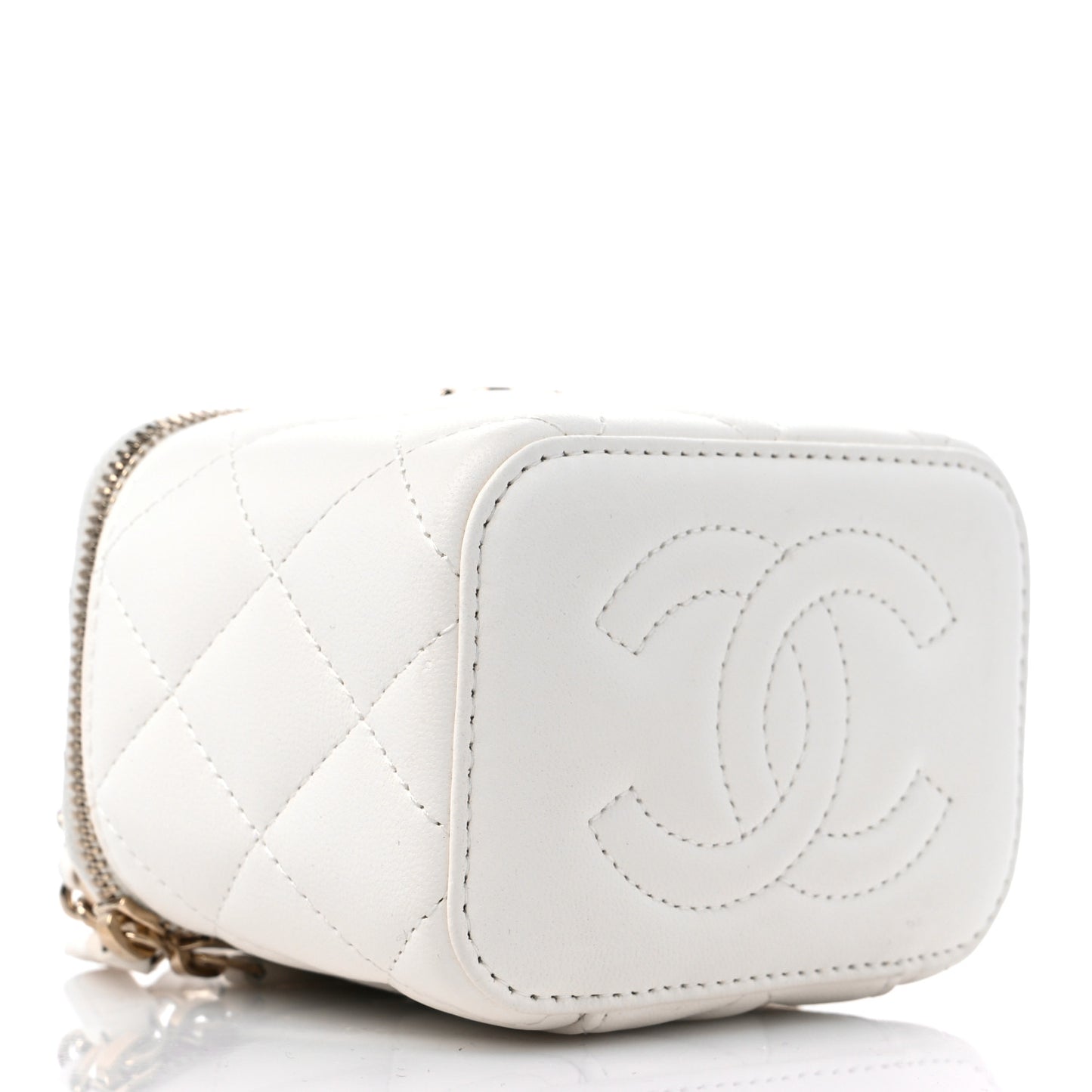 Lambskin Quilted Enamel Pearl Crush Mini Vanity Case With Chain White