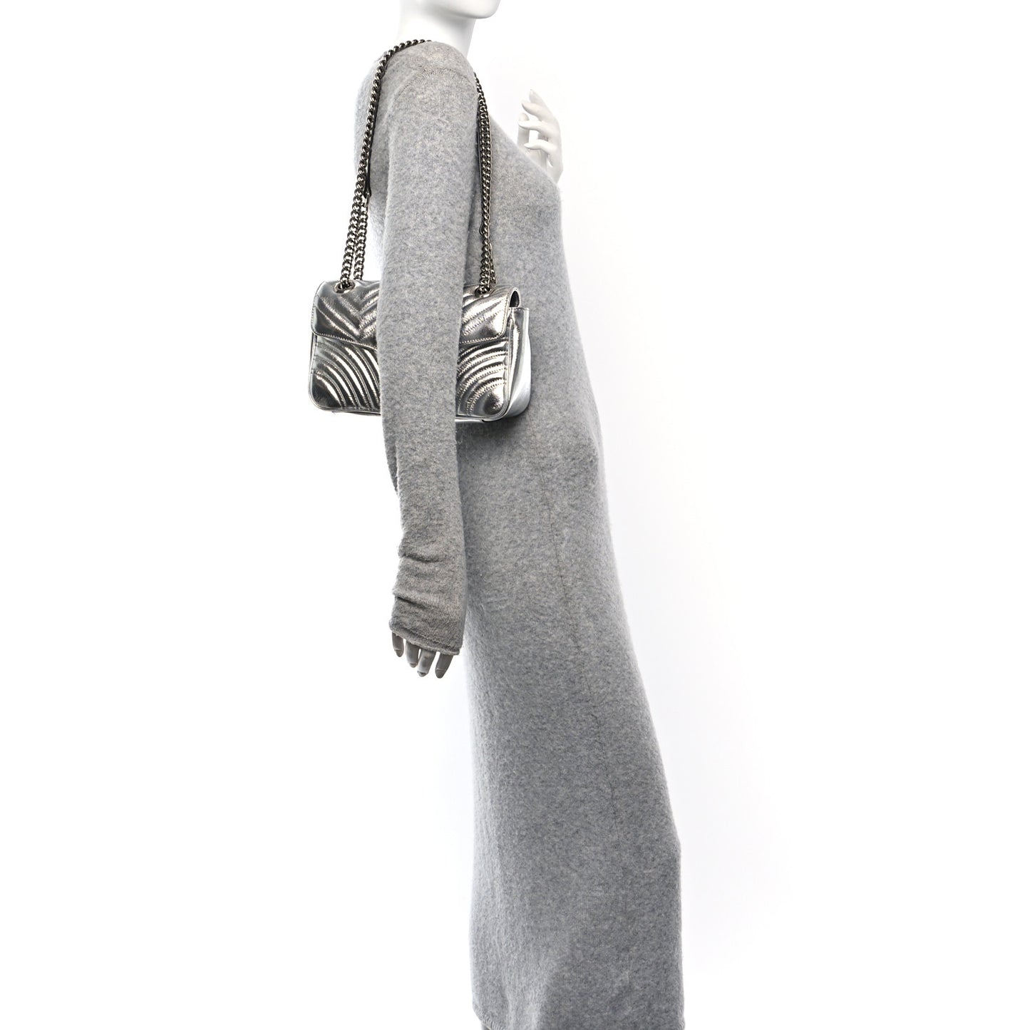 Metallic Calfskin Matelasse Small GG Marmont Shoulder Bag Silver