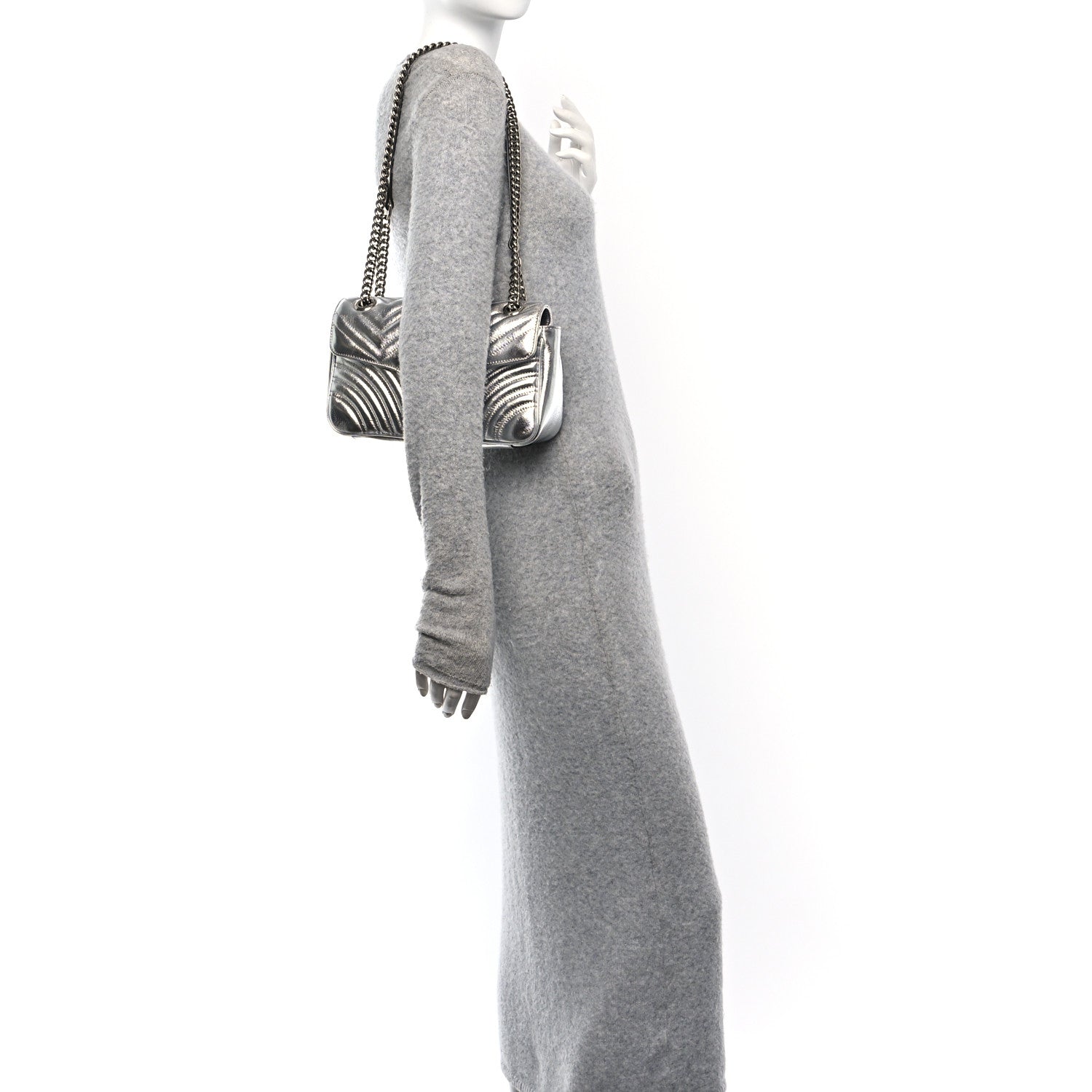 Gucci Metallic Calfskin Matelasse Small GG Marmont Shoulder Bag Silver 2 of 10