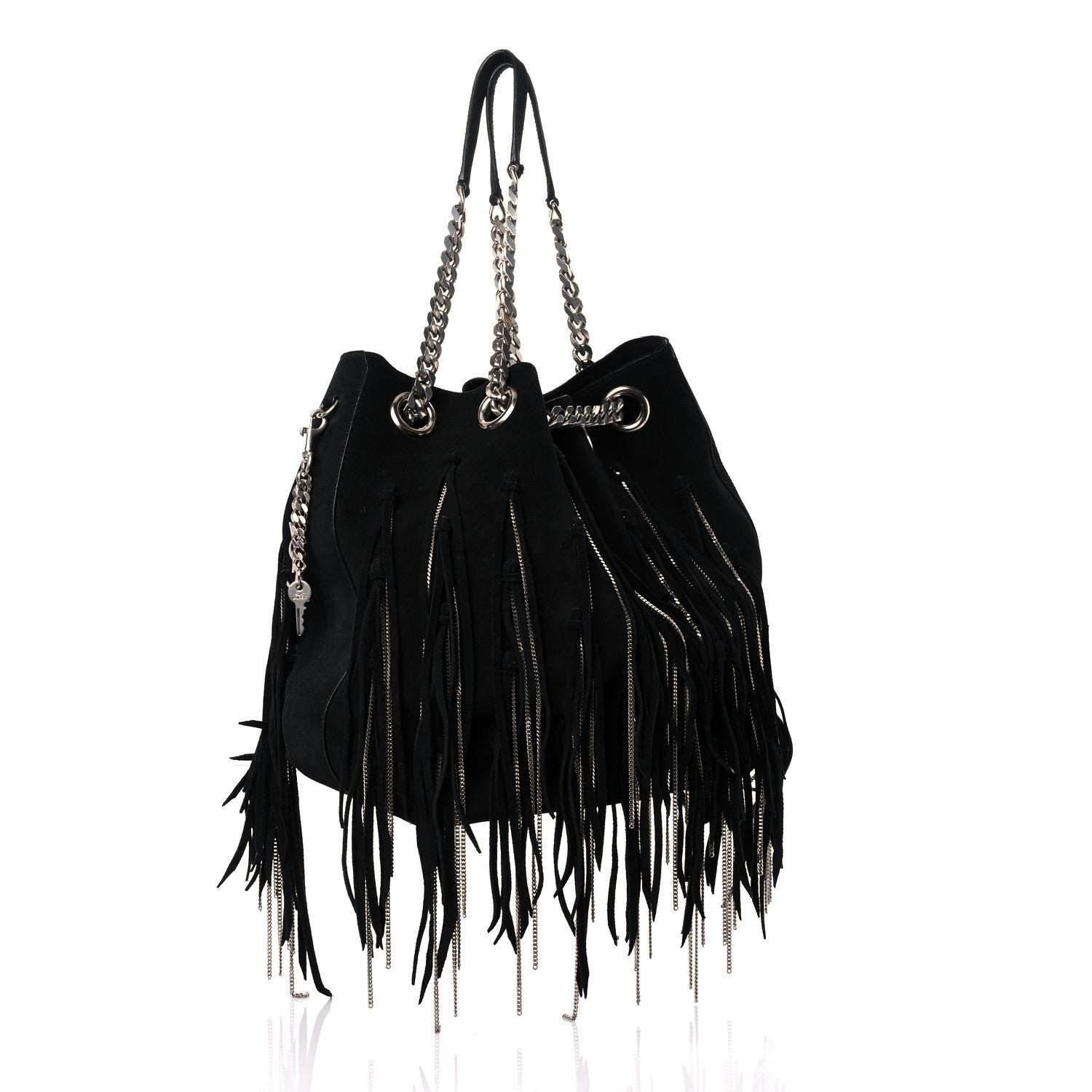Saint Laurent Suede Calfskin Medium Emmanuelle Chain Fringe Bucket Bag Black 3 of 12