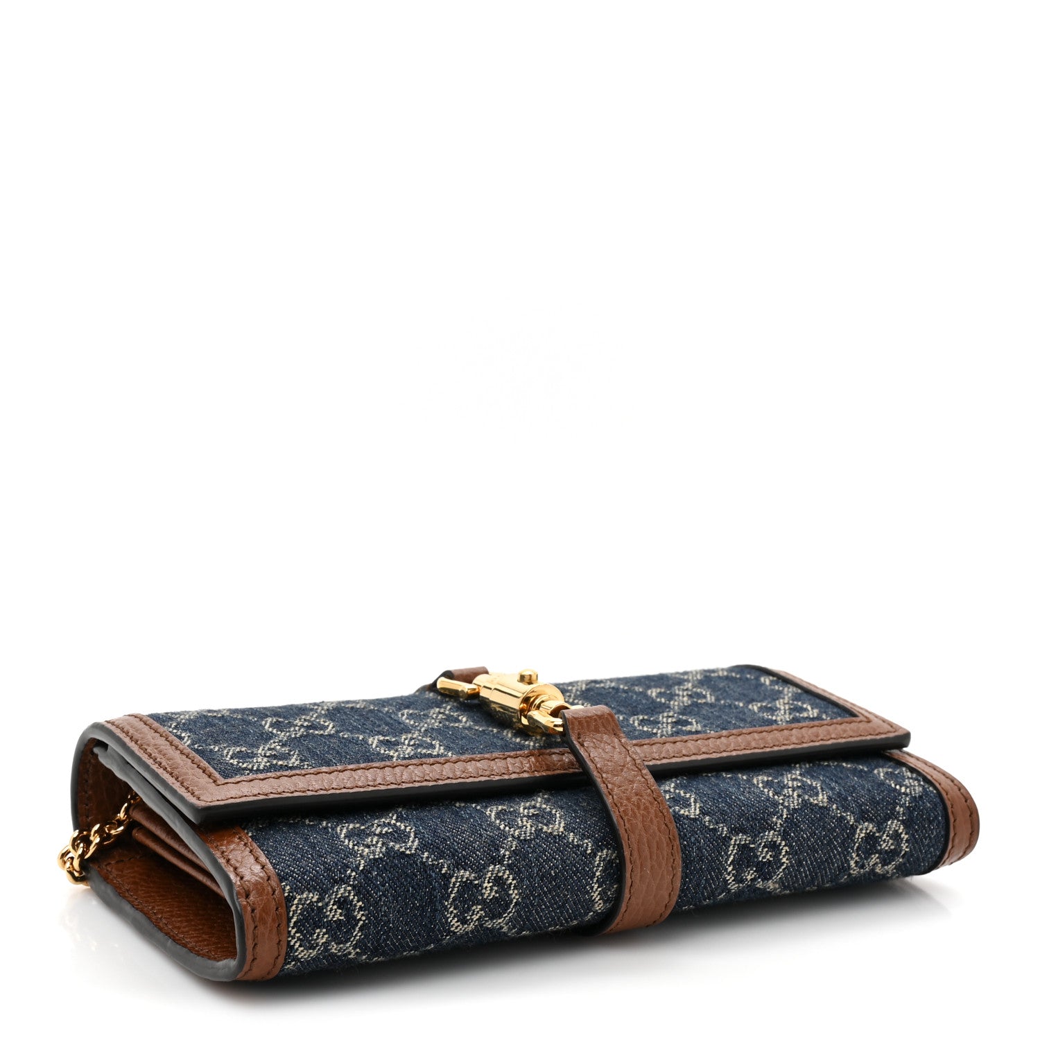 Gucci New Denim GG Monogram Jackie 1961 Chain Wallet Blue Tea Cuir 4 of 14