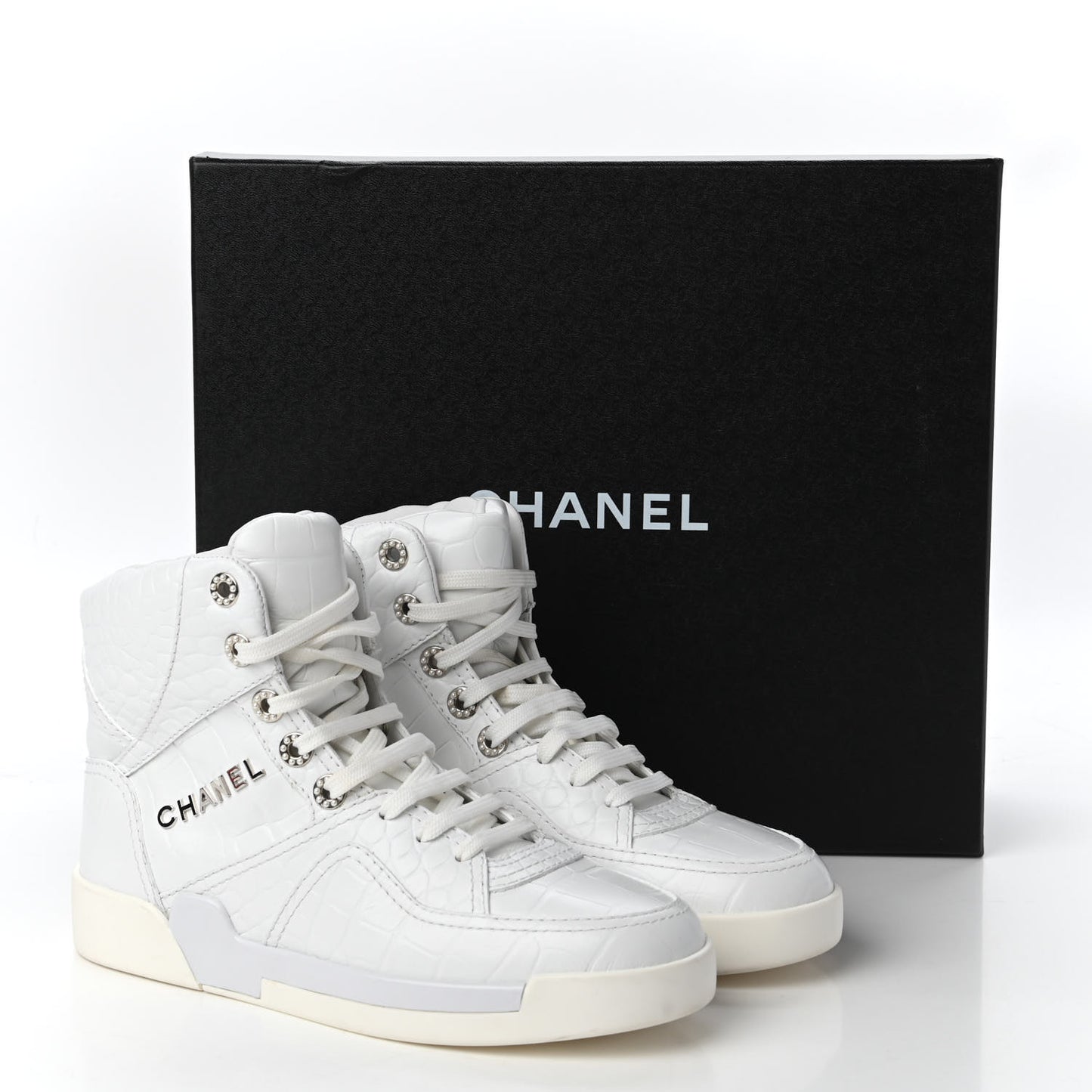 Calfskin Crocodile Embossed Cocodile High Top Sneakers 37.5 White