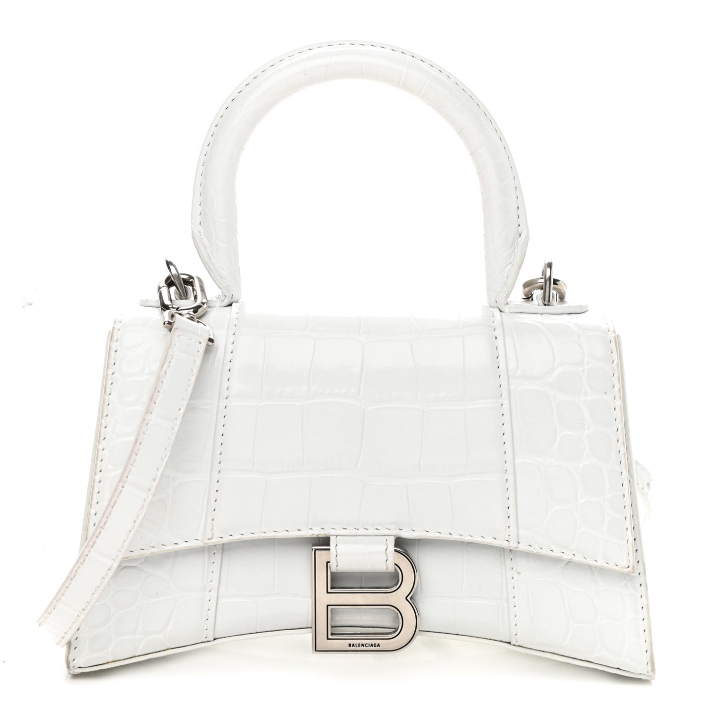 Shiny Calfskin Crocodile Embossed Hourglass Top Handle Bag XS White