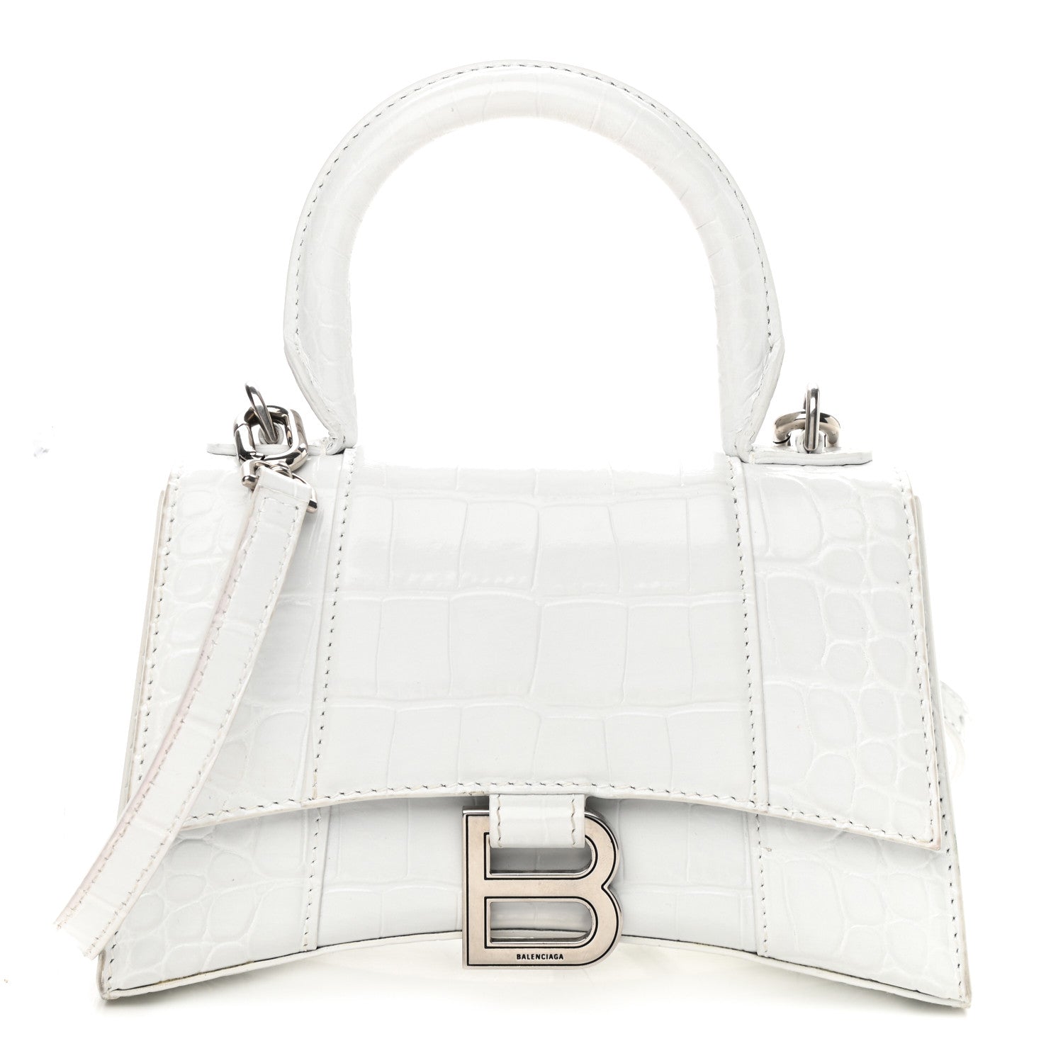 Balenciaga Shiny Calfskin Crocodile Embossed Hourglass Top Handle Bag XS White 1 of 10