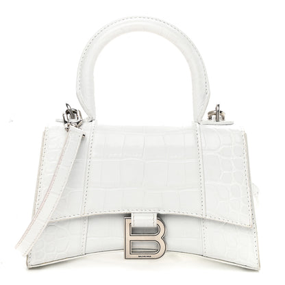 Balenciaga Shiny Calfskin Crocodile Embossed Hourglass Top Handle Bag XS White 1 of 10