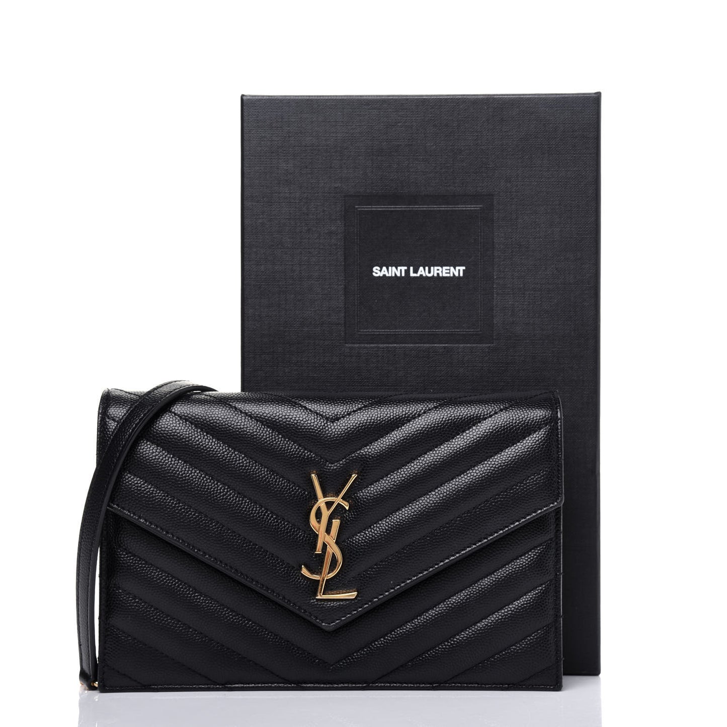 Grain De Poudre Matelasse Chevron Monogram Envelope Chain Wallet Black