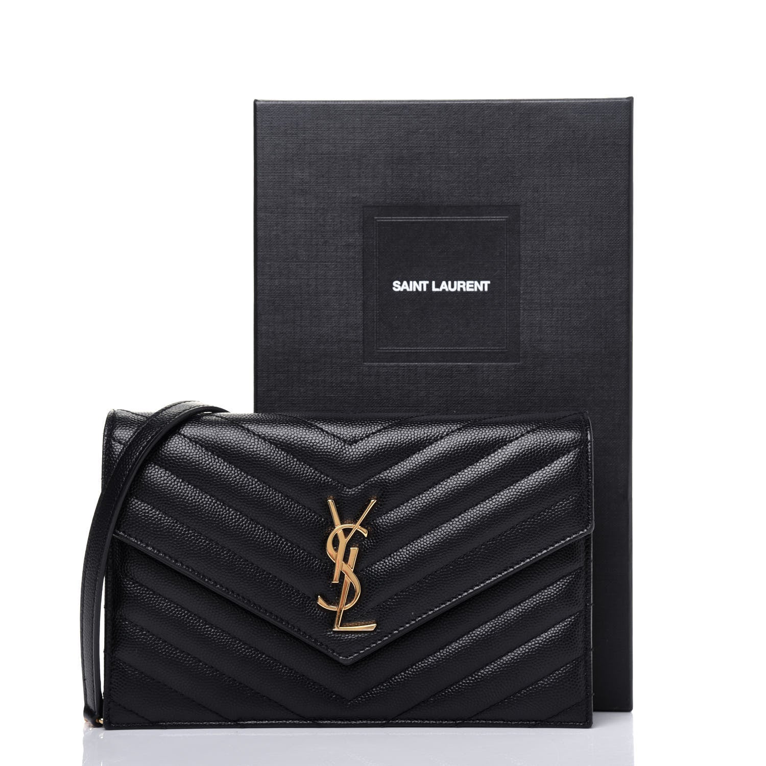 Saint Laurent Grain De Poudre Matelasse Chevron Monogram Envelope Chain Wallet Black 14 of 14