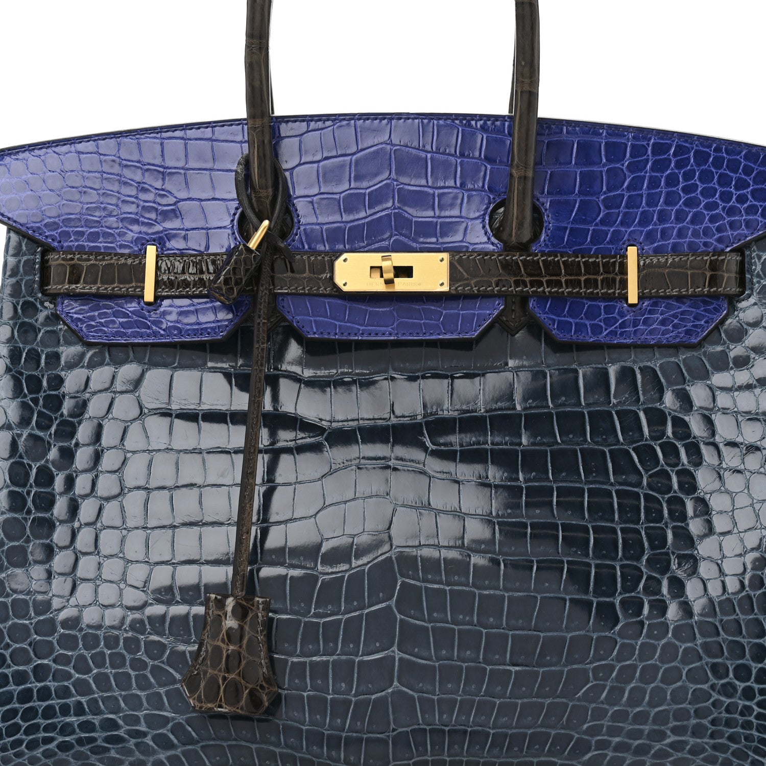 Hermes Shiny Porosus Crocodile Horseshoe Birkin 35 Havane Bleu Electrique Bleu Roi 8 of 14