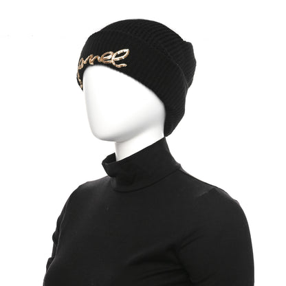 Chanel Cashmere Sequin Logo Beanie Hat Black Gold 2 of 5