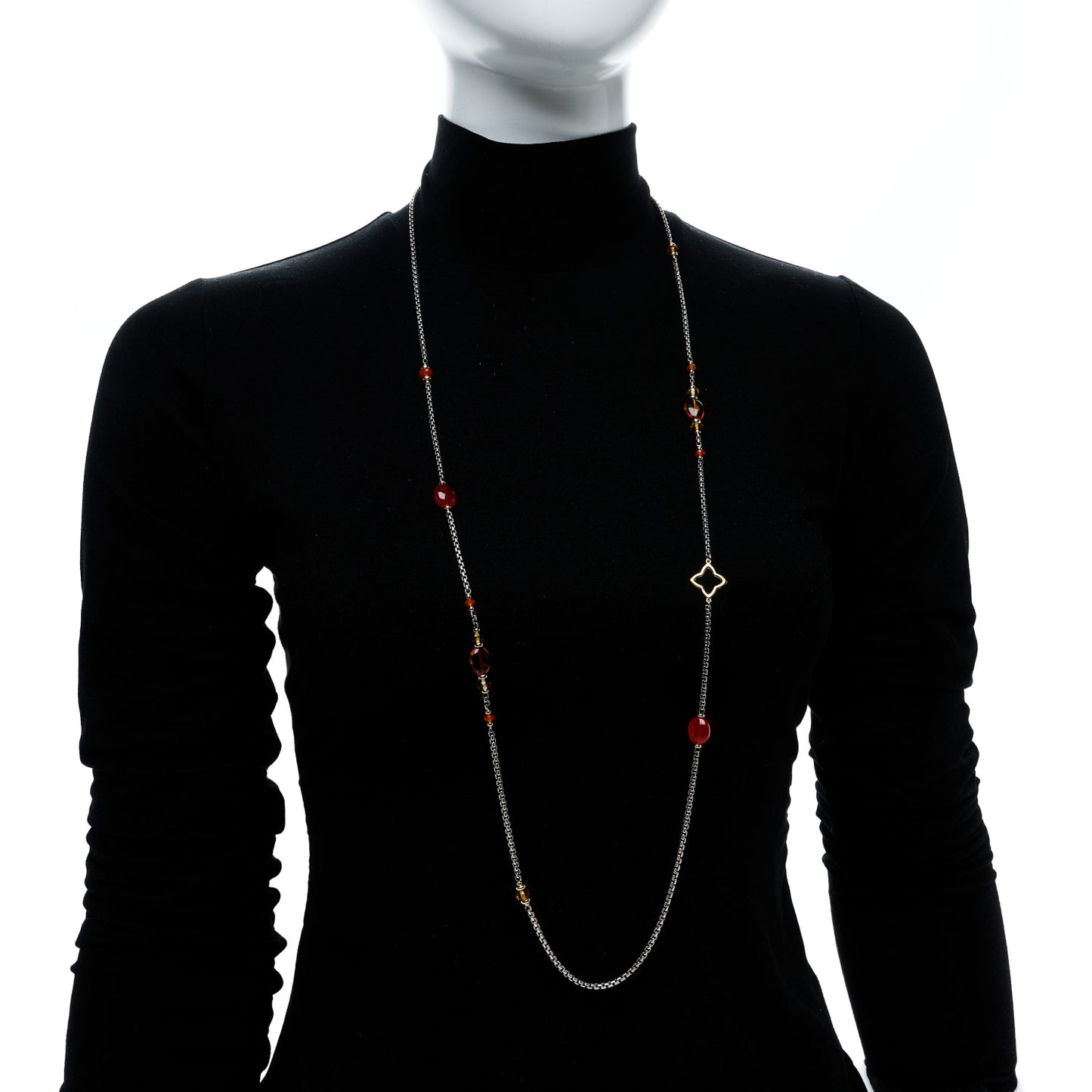 Sterling Silver 18K Yellow Gold Amber Citrine Carnelian Quatrefoil Necklace