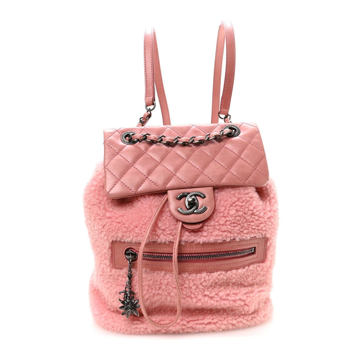 Glazed Calfskin Shearling Quilted Small Mountain Backpack Pink