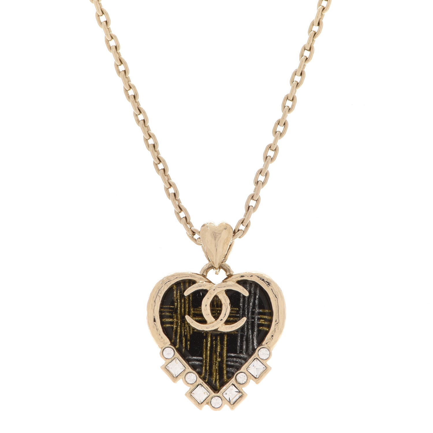 Chanel Crystal Resin CC Heart Pendant Necklace Gold Black 4 of 6
