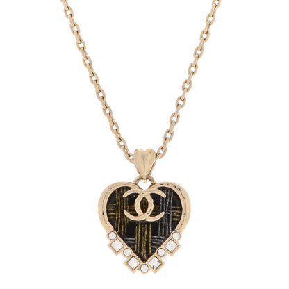 Chanel Crystal Resin CC Heart Pendant Necklace Gold Black 4 of 6