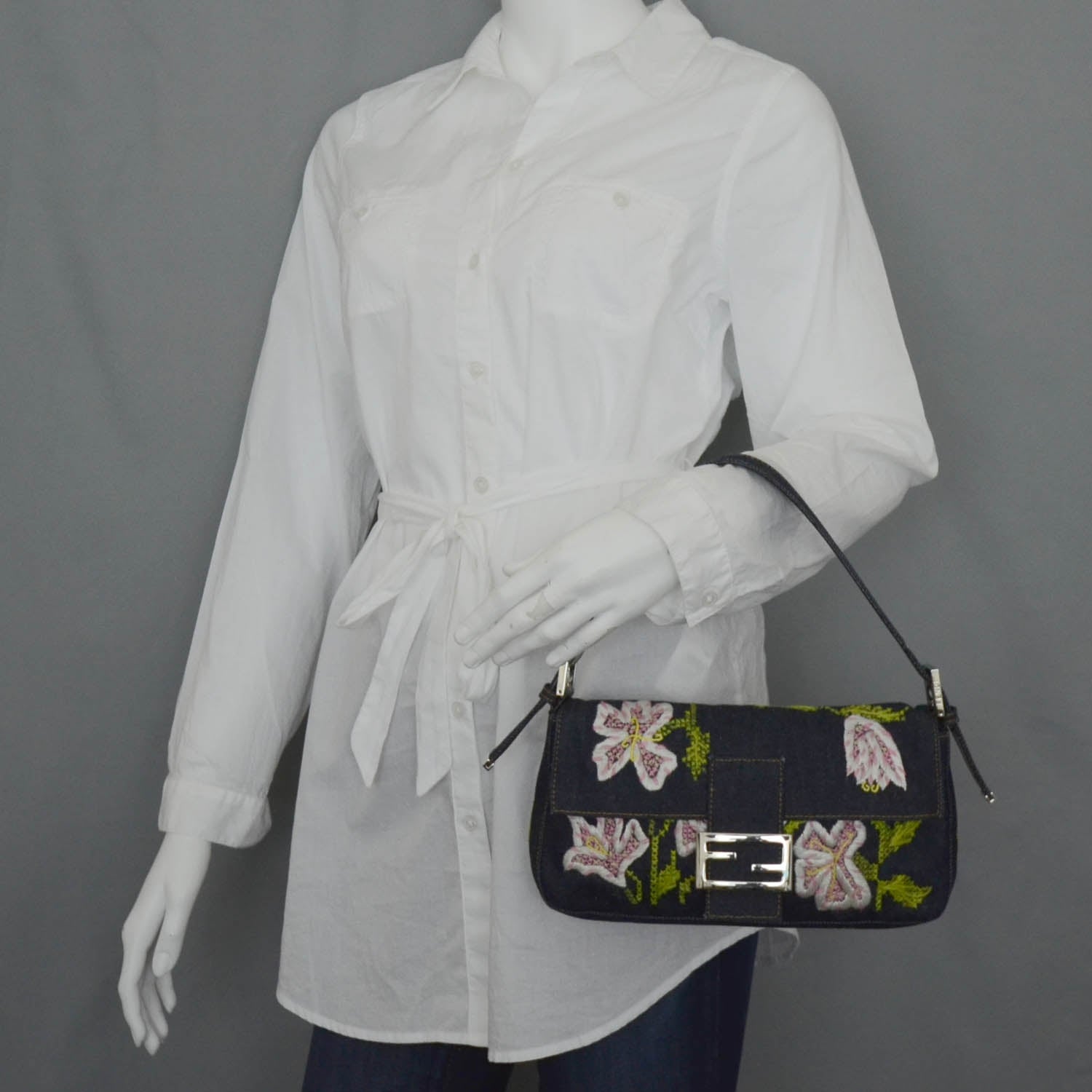 Fendi Denim Embroidered Baguette Multicolor 2 of 12