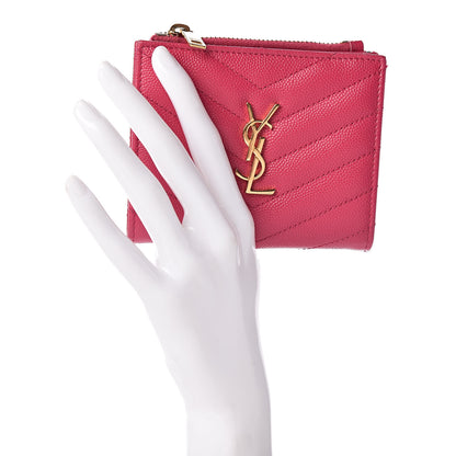 Saint Laurent Grain De Poudre Matelasse Chevron Monogram Zipped Card Case Fresh Fuxia 2 of 8